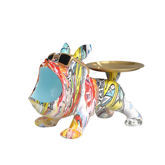 Multicolor Resin French Bulldog Key Holder Tray, Graffiti Dog Statue with Gold Catchall Dish and Sunglasses for Entryway, Living Room, Office Desk, Shoe Cabinet and Housewarming Gift