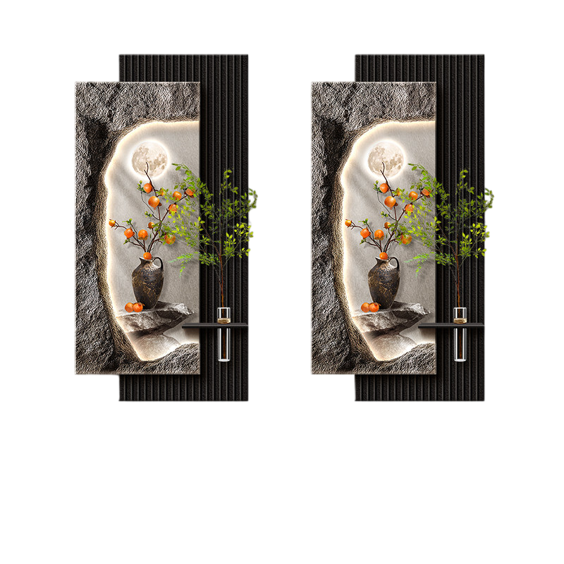 Modern Lighted Persimmon Wall Art 20 x 39 Inch, 3D Textured Botanical Wall Decor