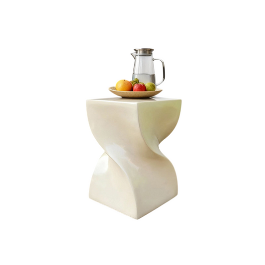 Cream White Twist Side Table, Sculptural Fiberglass Accent Table, Modern Hourglass Drink Table for Living Room, Bedroom, Hotel Lobby, Store Display