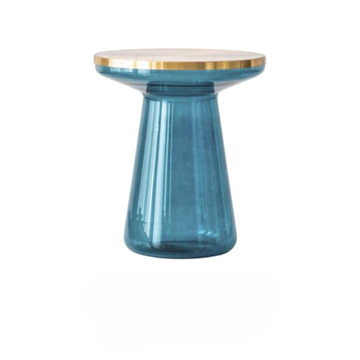 Modern Blue Glass Side Table, Round Pedestal Accent Table with Champagne Gold Rim, Luxury Small Sofa End Table for Living Room, Bedroom, Balcony and Lounge Decor