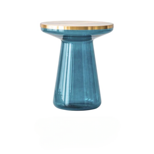 Modern Blue Glass Side Table, Round Pedestal Accent Table with Champagne Gold Rim, Luxury Small Sofa End Table for Living Room, Bedroom, Balcony and Lounge Decor