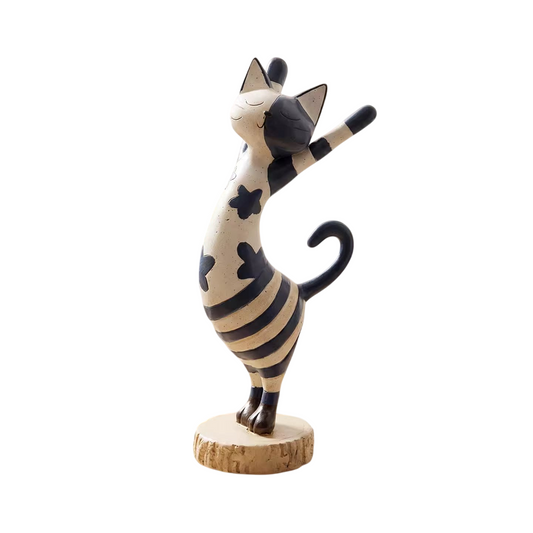 Cream and Charcoal Resin Stretching Cat Figurine, Vintage Folk Art Style Dancing Cat Statue with Wood-Look Base, Whimsical Tabletop Décor for Bookshelf, Entryway, Living Room, Bedroom and Office