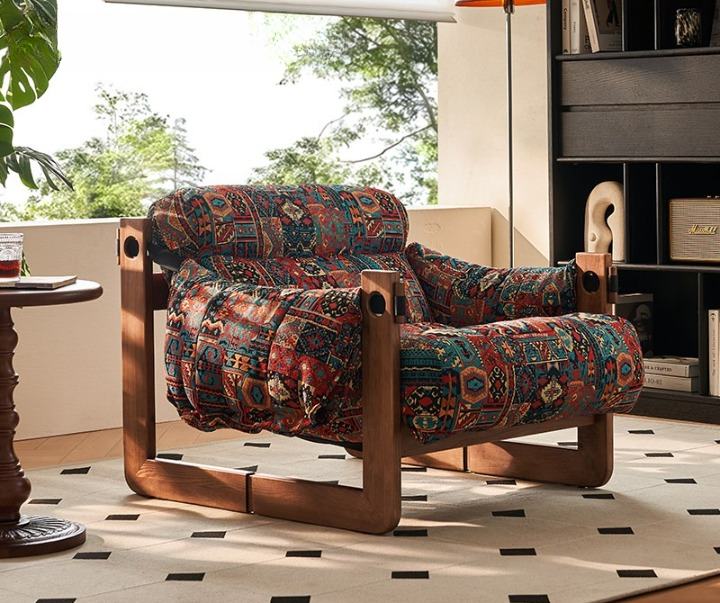 Solid Ash Wood Accent Chair with Removable Multicolor Cushion, Oversized Upholstered Lounge Armchair for Living Room, Bedroom and Reading Nook