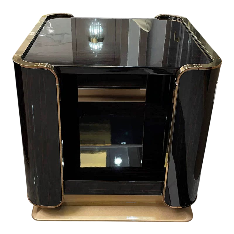 High-Gloss Black Nightstand with Gold-Tone Trim, Curved One-Drawer Bedside Table with Open Storage Shelf and Raised Edge Top for Bedroom, Guest Room and Living Room