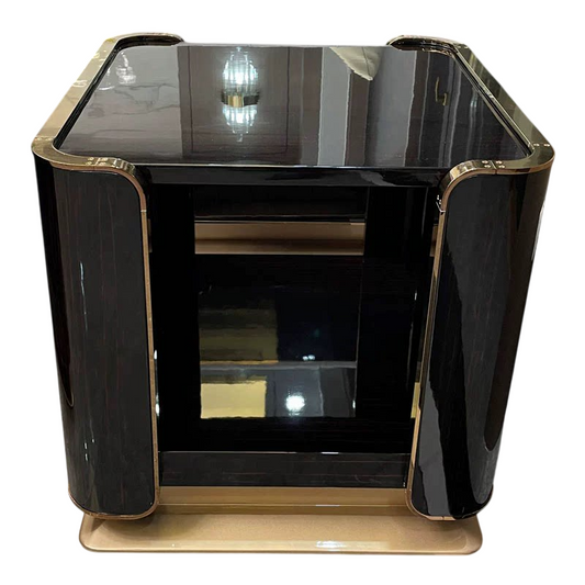 High-Gloss Black Nightstand with Gold-Tone Trim, Curved One-Drawer Bedside Table with Open Storage Shelf and Raised Edge Top for Bedroom, Guest Room and Living Room