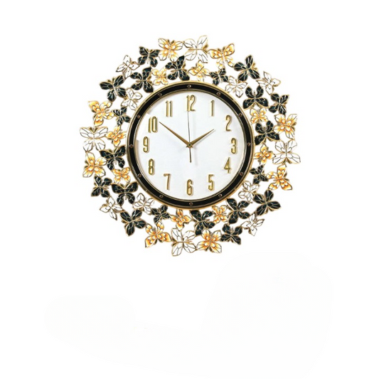 Black White Floral Wall Clock with Gold Accents, 31.5 Inch