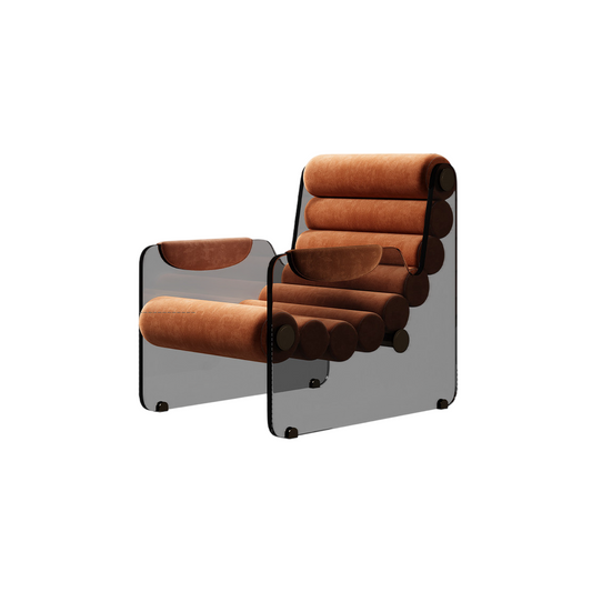 Modern Leather Lounge Chair, Floating Style Single Sofa Chair with Brown Full Grain Leather Cushions and Smoked Acrylic Side Panels, Luxury Accent Recliner Chair for Living Room, Bedroom, Office, Villa and Reading Corner