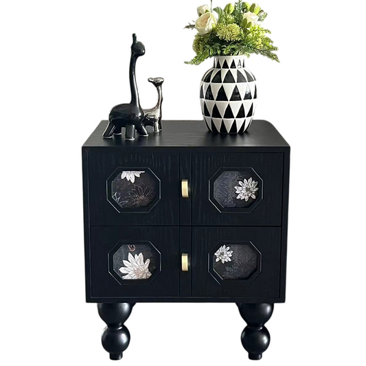 Black 2-Drawer Nightstand, Wood Bedside Table with Botanical Accent Panels, Gold-Tone Pulls and Turned Ball Legs for Bedroom, Living Room or Guest Room