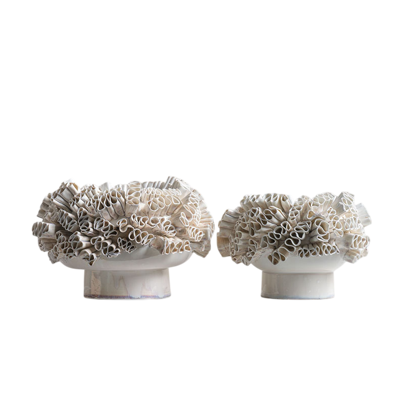Set of 2 Sculptural Ceramic Vases, Cream Ruffled Flower Vessels