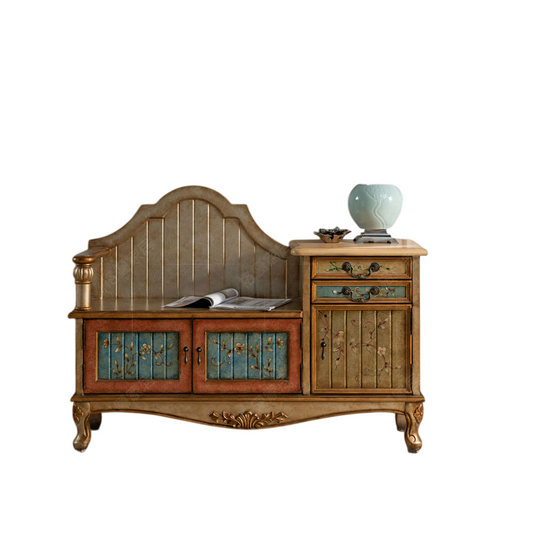 Champagne Painted Entryway Shoe Storage Bench with Backrest, Vintage Floral Wooden Accent Cabinet with 2 Drawers and 3 Doors for Foyer, Hallway, Living Room or Bedroom