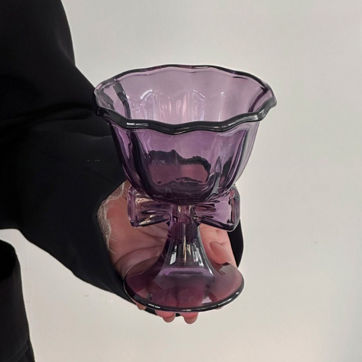 Bow Stem Dessert Cups Set of 2, Purple and Clear Footed Glass Bowls with Scalloped Rims for Ice Cream, Sundaes, Fruit, Parfaits, Pudding and Party Drinks