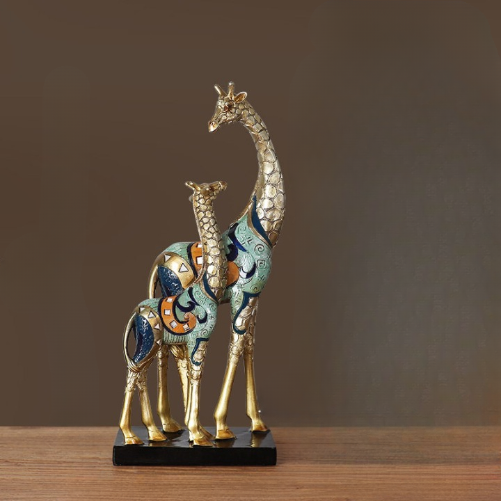 Gold Giraffe Mother and Calf Figurine, Mosaic Decor with Gift Box
