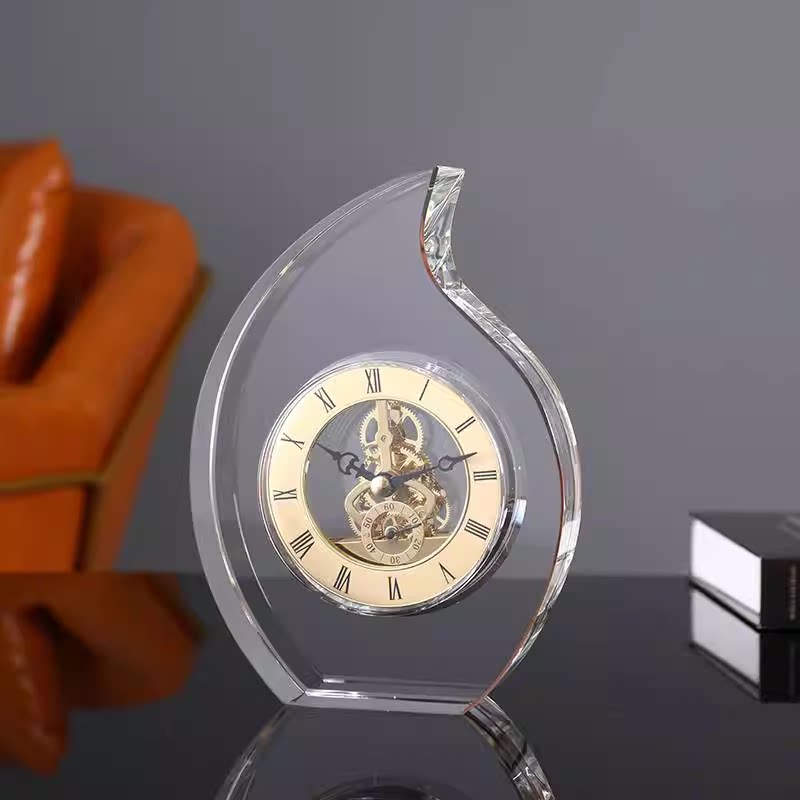 Crystal Table Clock with Exposed Gear Dial, Modern Decorative Desk Clock