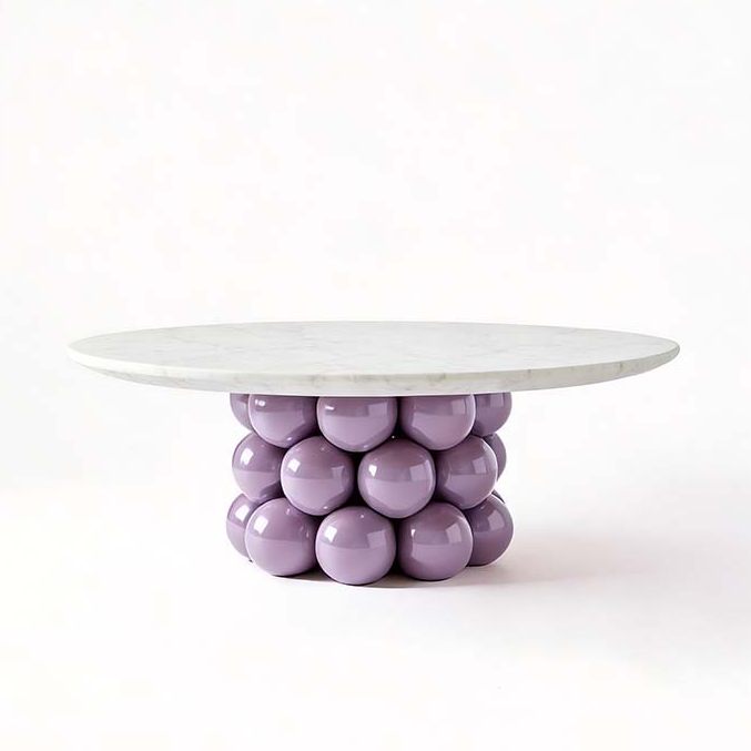 Round Faux Marble Coffee Table with Lavender Bubble Pedestal Base