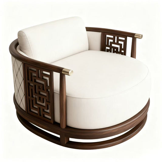 White Upholstered Ash Wood Barrel Accent Chair with Openwork Arms