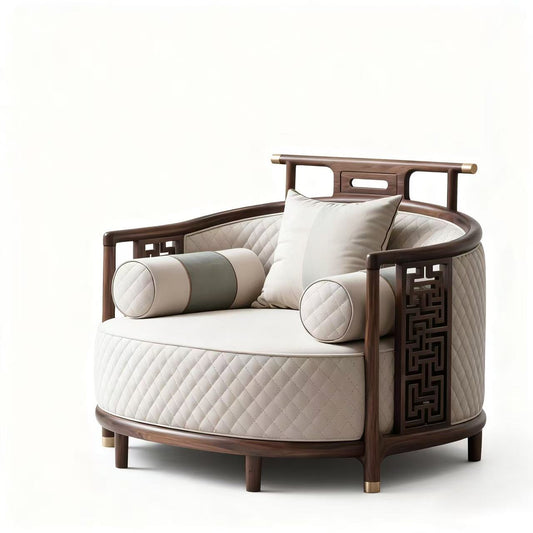 Ash Wood Barrel Accent Chair with Quilted White Upholstery