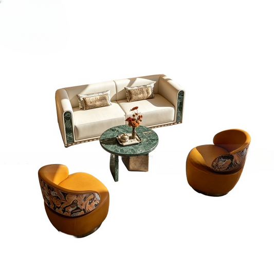 Modern Reception Sofa Set with Marble Coffee Table &amp; 2 Swivel Accent Chairs