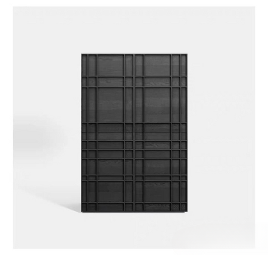 Tall Black Oak Storage Cabinet, Modern Grid Front Accent Cabinet with Geometric Panel Doors, Freestanding Sideboard Cupboard for Dining Room, Living Room, Entryway and Hallway