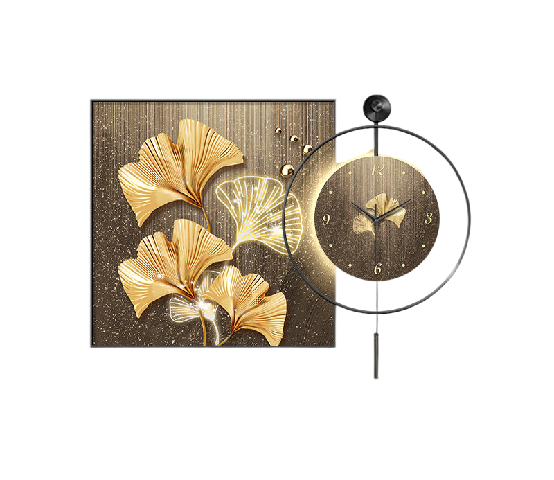 Modern Ginkgo Wall Clock 28 Inch, Gold Floral Wall Art with Black Metal Frame