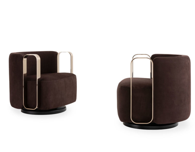 Brown Velvet Swivel Accent Chair with Gold Tone Metal Arms for Living Room