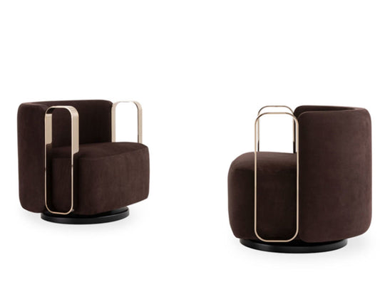 Brown Velvet Swivel Accent Chair with Gold Tone Metal Arms for Living Room