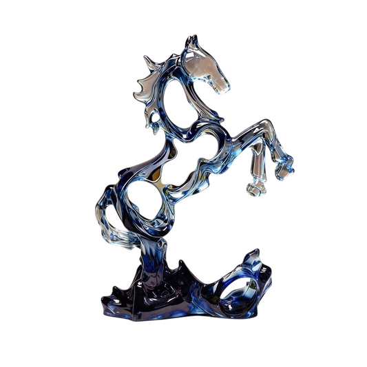 Transparent Blue Rearing Horse Statue, Abstract Openwork Animal Sculpture on Integrated Rock-Style Base for Living Room, Office, Bookshelf, TV Console and Entryway Décor