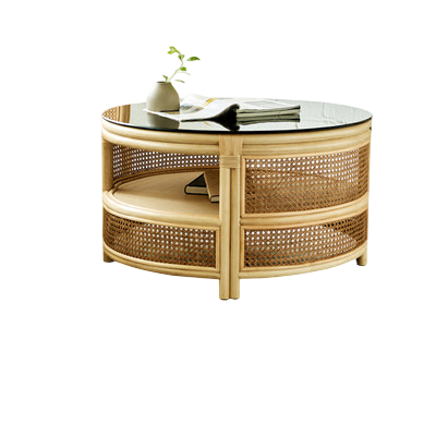 Round Rattan Coffee Table with Glass Top, Natural Cane Wicker Center Table, Boho Coffee Table for Living Room, Balcony, Sunroom, Covered Patio, Lounge, Apartment, and Cafe Decor