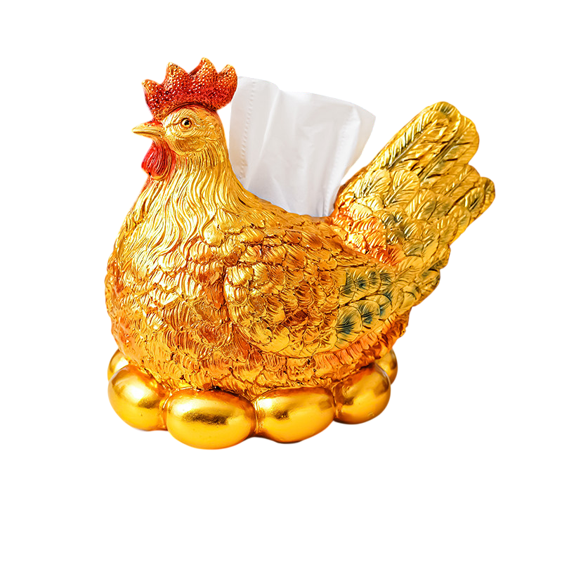 Gold Hen Tissue Box Holder, Decorative Chicken Tissue Dispenser, Gold-Tone Hen Figurine Napkin Holder with Egg Base, Farmhouse Table Decor for Living Room, Kitchen, Office, Entryway