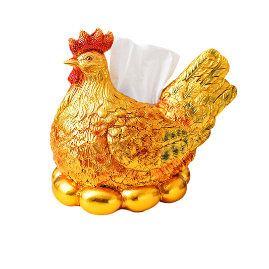 Gold Hen Tissue Box Holder, Decorative Chicken Tissue Dispenser, Gold-Tone Hen Figurine Napkin Holder with Egg Base, Farmhouse Table Decor for Living Room, Kitchen, Office, Entryway