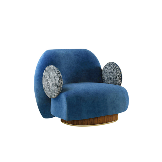 Blue Velvet Swivel Barrel Accent Chair with Decorative Round Side Cushions