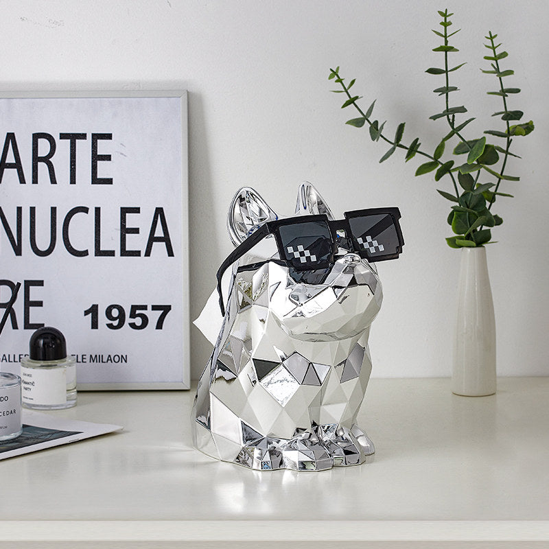 Silver Geometric French Bulldog Tissue Box Cover with Pixel-Style Sunglasses, Faceted Resin Facial Tissue Holder and Decorative Napkin Dispenser for Living Room, Bedroom, Bathroom, Office and Coffee Table