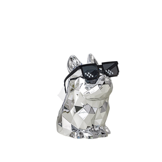 Silver Geometric French Bulldog Tissue Box Cover with Pixel-Style Sunglasses, Faceted Resin Facial Tissue Holder and Decorative Napkin Dispenser for Living Room, Bedroom, Bathroom, Office and Coffee Table