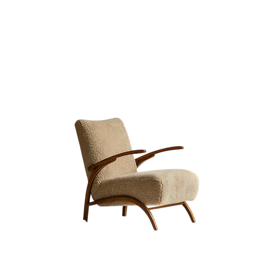 Nordic Sherpa Accent Chair, Mid Century Modern Wood Frame Lounge Chair with Almond Beige Upholstery, Single Sofa Leisure Chair for Living Room, Bedroom, Reading Nook, Balcony and Boutique Hotel