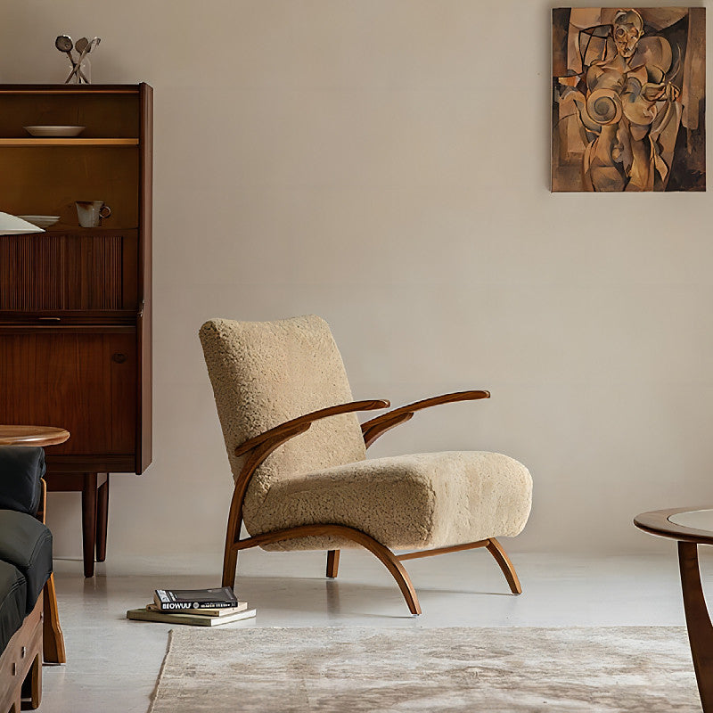 Nordic Sherpa Accent Chair, Mid Century Modern Wood Frame Lounge Chair with Almond Beige Upholstery, Single Sofa Leisure Chair for Living Room, Bedroom, Reading Nook, Balcony and Boutique Hotel