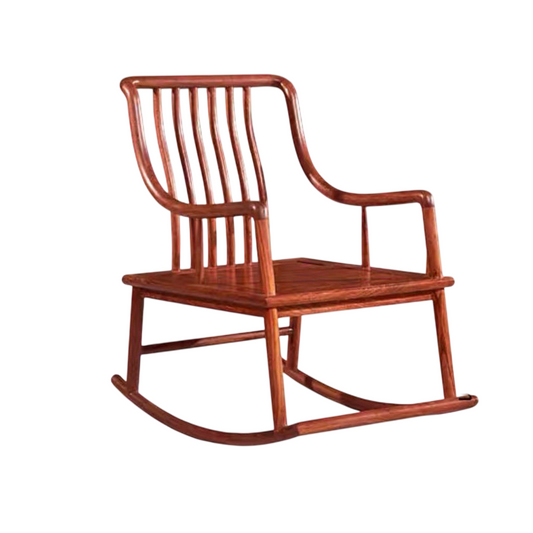 Tall Reddish Brown Solid Hardwood Rocking Chair, Chinese-Inspired Slatted Back Armchair with Curved Runners for Living Room, Bedroom, Reading Nook and Study