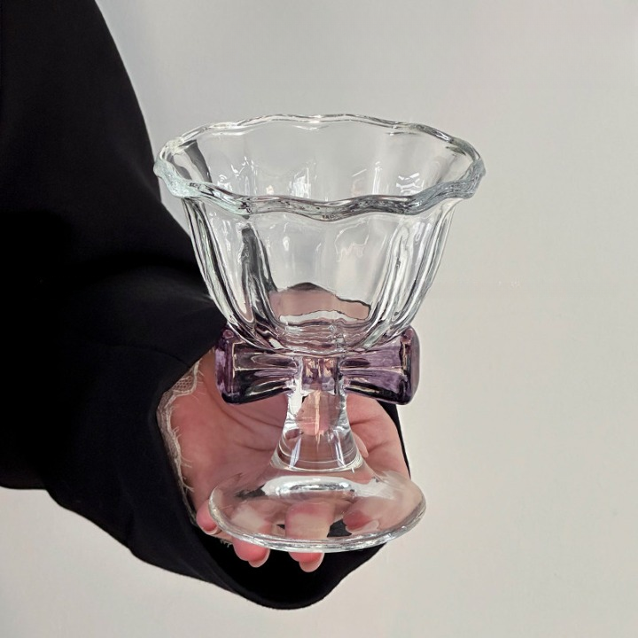 Bow Stem Dessert Cups Set of 2, Purple and Clear Footed Glass Bowls with Scalloped Rims for Ice Cream, Sundaes, Fruit, Parfaits, Pudding and Party Drinks