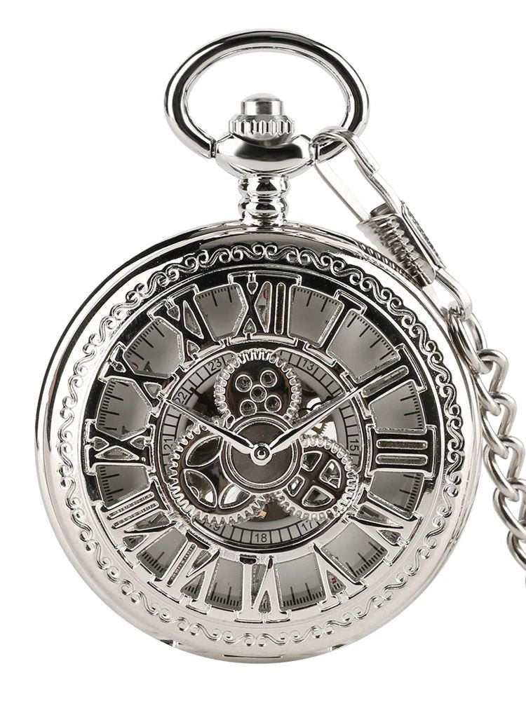 Silver Mechanical Skeleton Pocket Watch, Roman Numeral Gear Dial Hand Wind Pendant Watch with Chain, Vintage Steampunk Pocket Watch for Men, Women, Collectors, Gift