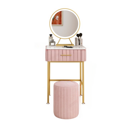 Pink Vanity Table Set with Lighted Round Mirror, Drawer, Stool, Gold Frame