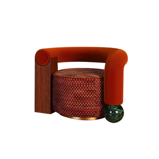 Orange Velvet Barrel Accent Chair with Wood and Marble Sphere Base