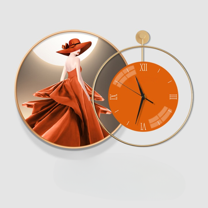 Modern Fashion Wall Clock 31 Inch, Orange Woman Portrait Wall Art