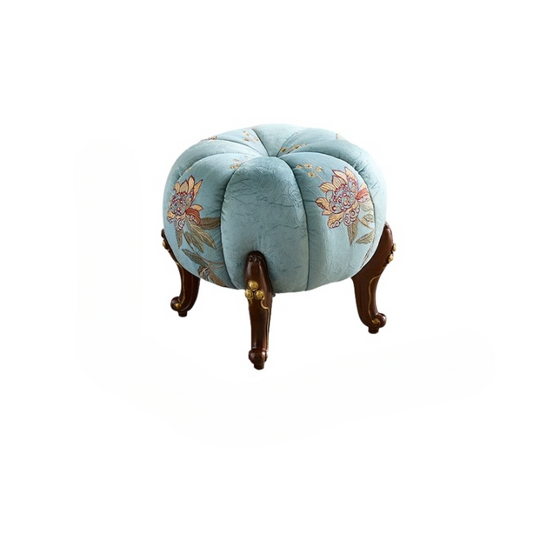 Blue Floral Upholstered Pumpkin Stool with Solid Red Oak Legs