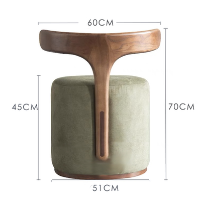 Modern Nordic Solid Wood Vanity Stool with Backrest, Round Upholstered Linen Makeup Chair, Walnut Finish Dressing Table Stool, Entryway Shoe Bench, Accent Ottoman Seat for Bedroom Living Room