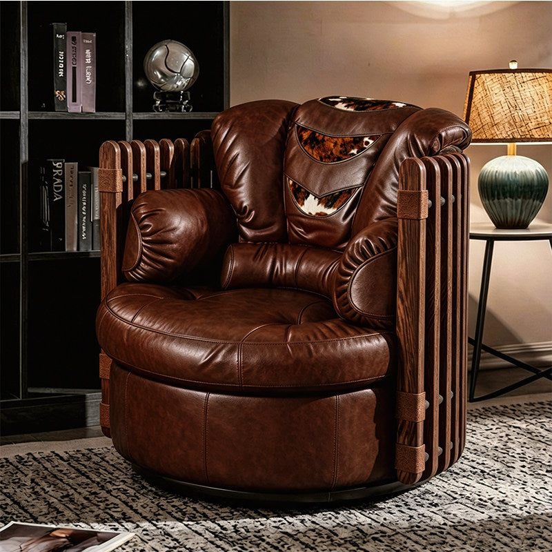 Brown Leather Swivel Barrel Chair with Wood Slat Frame and Cushions