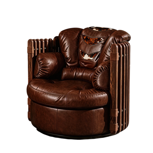 Brown Leather Swivel Barrel Chair with Wood Slat Frame and Cushions