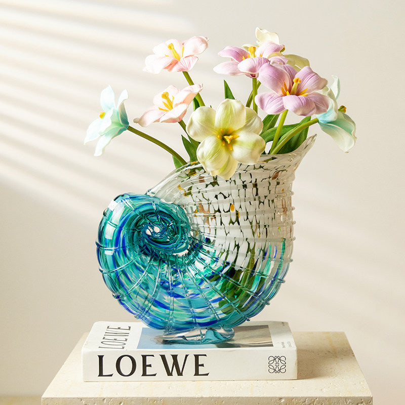 Blue Glass Conch Shell Vase, Coastal Decorative Flower Vase for Tabletop