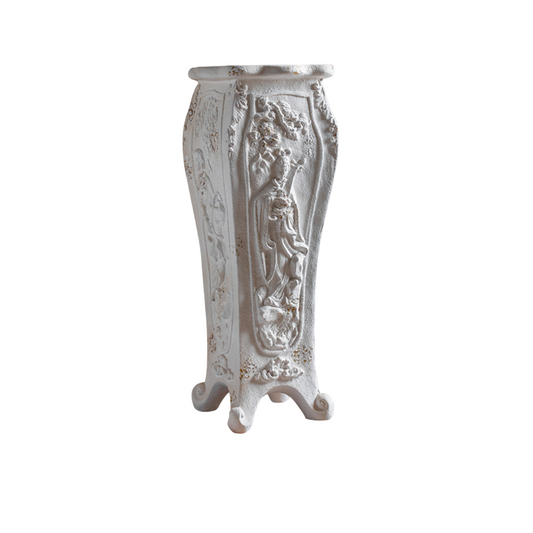 Antique White Decorative Pedestal Vase, European Style Floor Column with Classical Goddess Relief, Distressed Tall Urn Stand for Entryway, Fireplace, Wedding Decor, Photography Prop