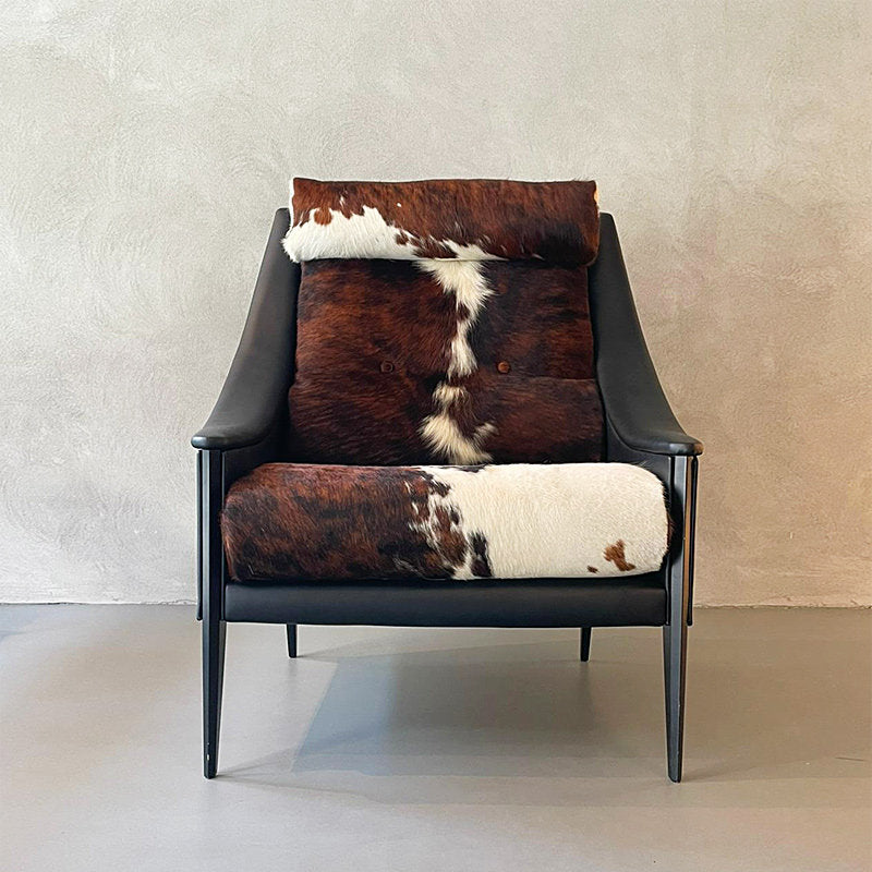 Cowhide Leather Accent Chair with Black Wood Frame, Brown and White