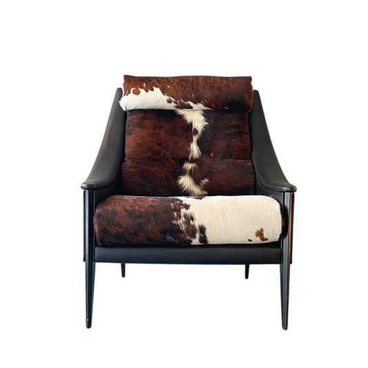 Cowhide Leather Accent Chair with Black Wood Frame, Brown and White
