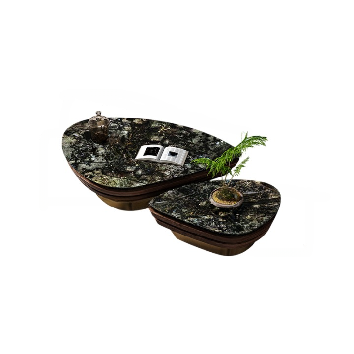 Sapphire-Tone Natural Stone Nesting Coffee Table Set, 2 Piece Shell Shaped Coffee Tables with Antique Bronze Base, Modern Luxury Center Table Set for Living Room, Lounge, Villa