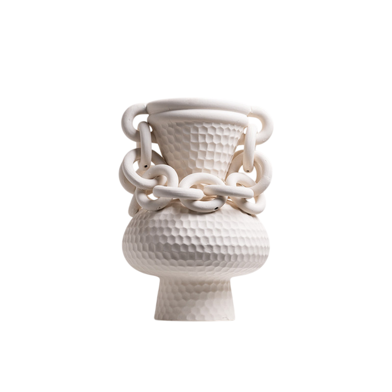 White Ceramic Chain Vase, Tall Textured Sculptural Decorative Vessel